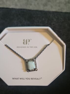 bp Lab Grown Milky White Opal Square Pendant Necklace with Hematite Plating